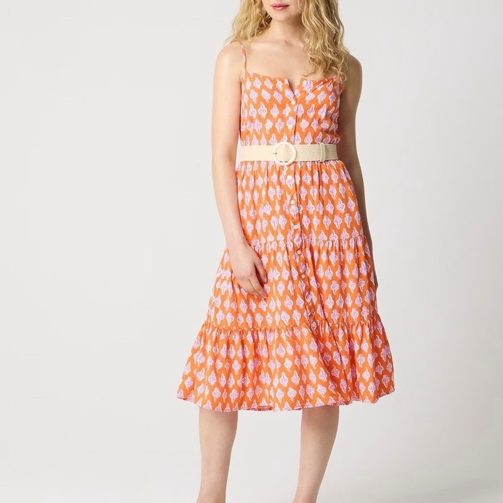 J. Crew‎ Orange Floral Print Tiered Button Front Midi Dress Size 0